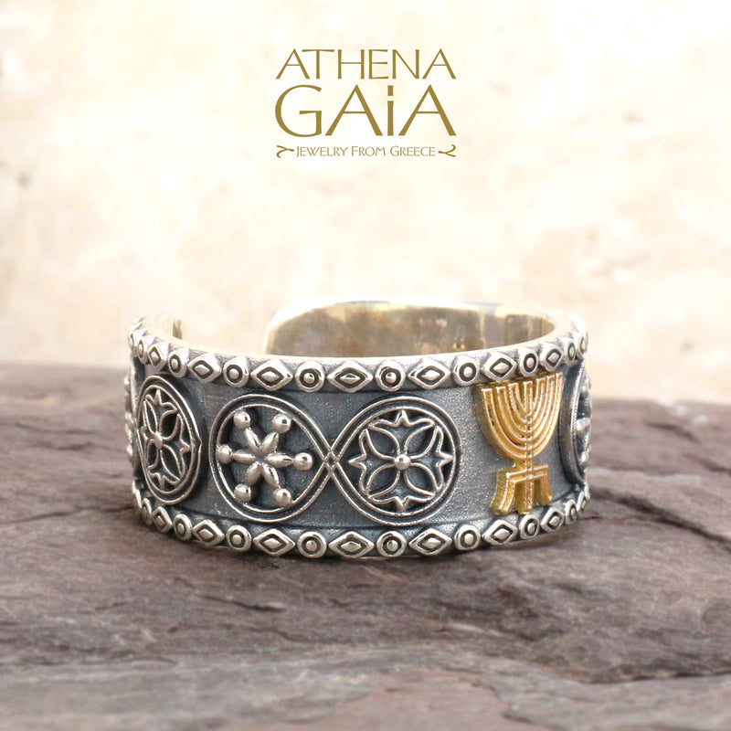 Menorah Open Ring - 18k Gold & Sterling Silver Ring - Cigar Band Ring