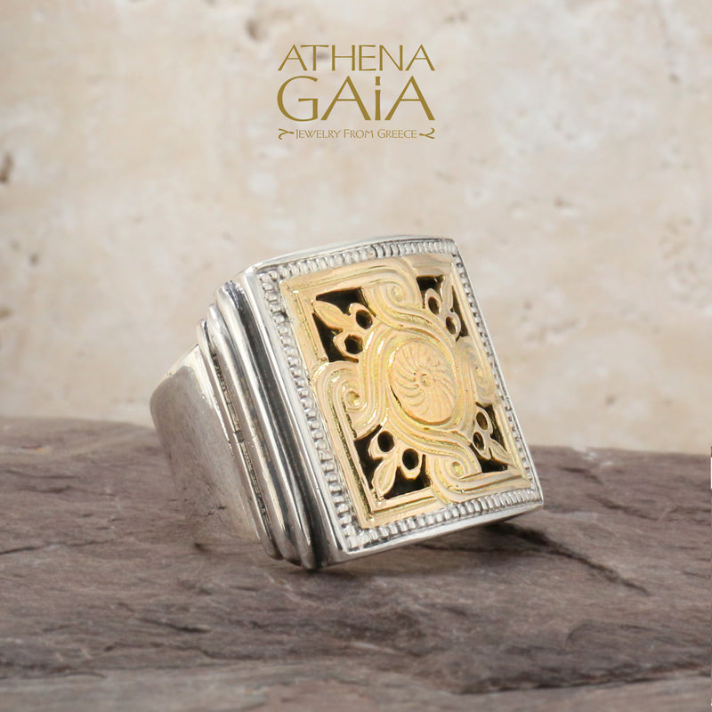 Monastiraki Church Sun Swirl Ring - 18k Gold & Sterling Silver Ring - Club Ring