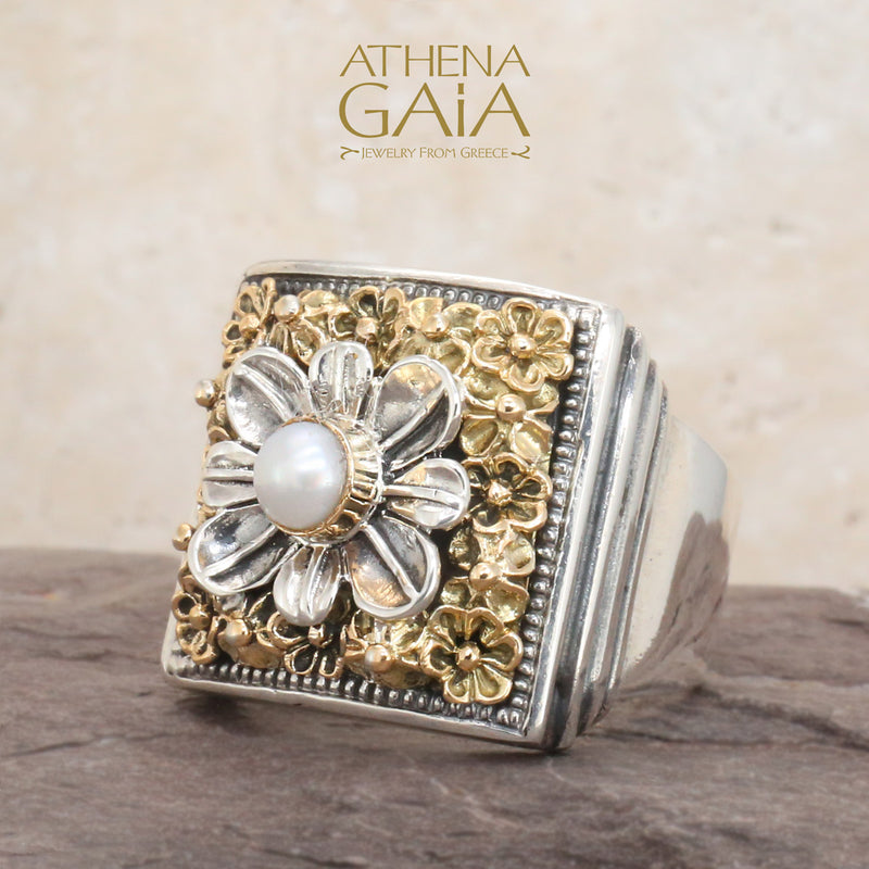 Parisian Flower Ring - 18k Gold & Sterling Silver Ring - Cocktail Ring