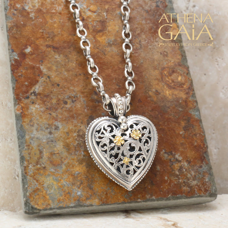 Garden Shadows Heart Pendant - 18k Gold & Sterling Silver - Gold Flower Pendant