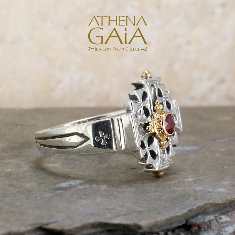 Jerusalem Cross Ring - 18k Gold & Sterling Silver Ring - Signet Ring