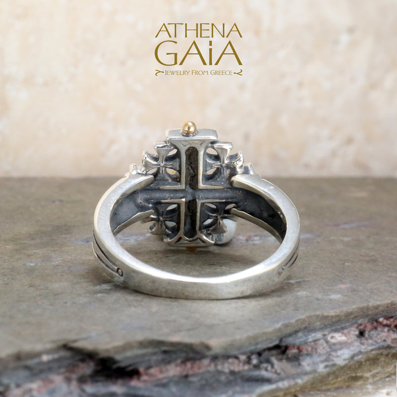 Jerusalem Cross Ring - 18k Gold & Sterling Silver Ring - Signet Ring