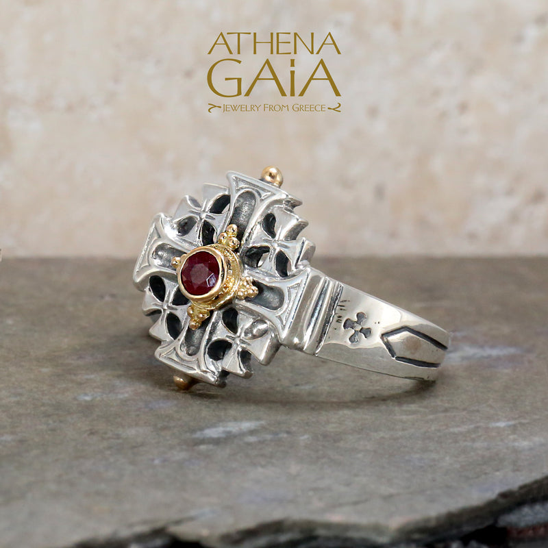Jerusalem Cross Ring - 18k Gold & Sterling Silver Ring - Signet Ring