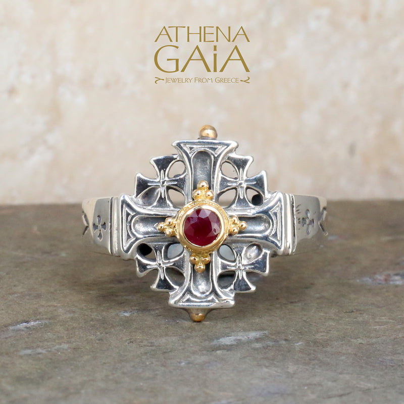 Jerusalem Cross Ring - 18k Gold & Sterling Silver Ring - Signet Ring