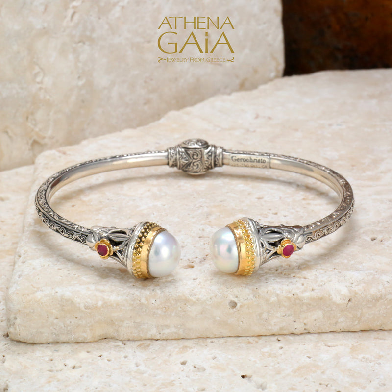 Santorini Pearl Cap Bracelet - 18k Gold and Sterling Silver - Hinged Bangle Bracelet