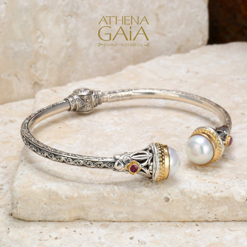 Santorini Pearl Cap Bracelet - 18k Gold and Sterling Silver - Hinged Bangle Bracelet