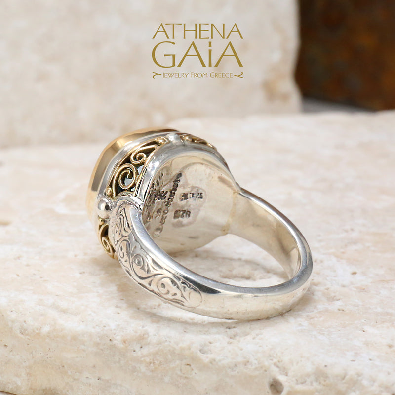 Topaz Filigree Side Square Ring - 18k Gold & Sterling Silver Ring - Cocktail Ring