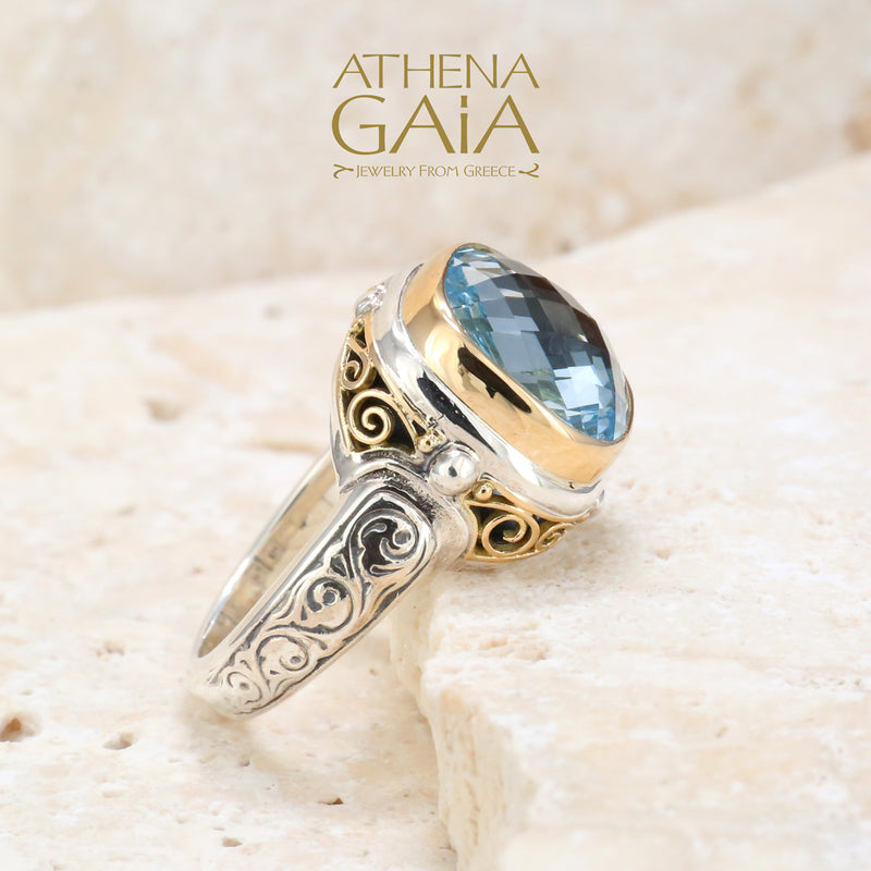 Topaz Filigree Side Square Ring - 18k Gold & Sterling Silver Ring - Cocktail Ring