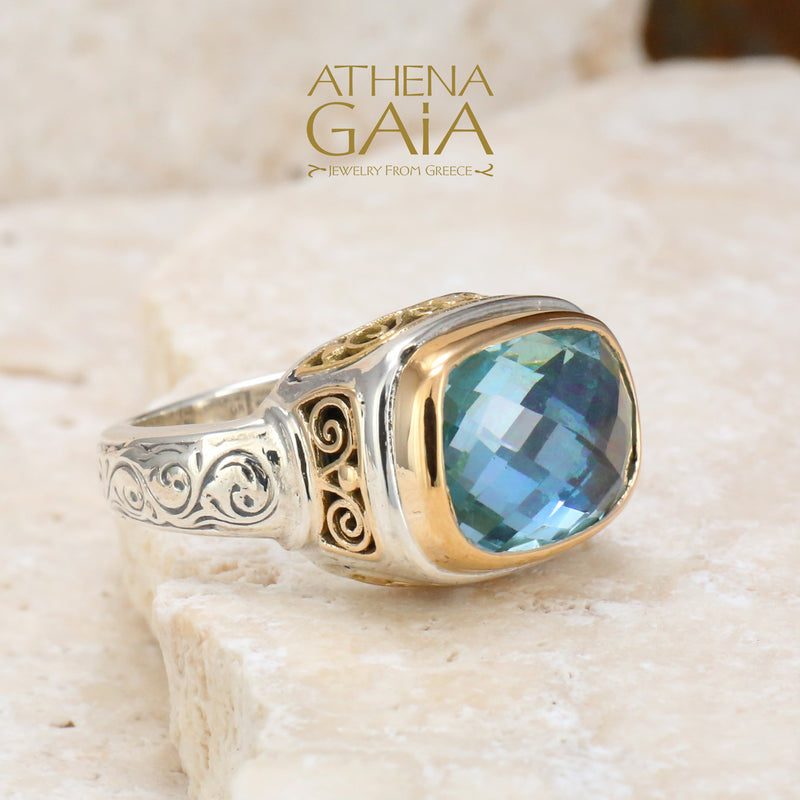 Topaz Filigree Side Rectangle Ring - 18k Gold & Sterling Silver Ring - Cocktail Ring