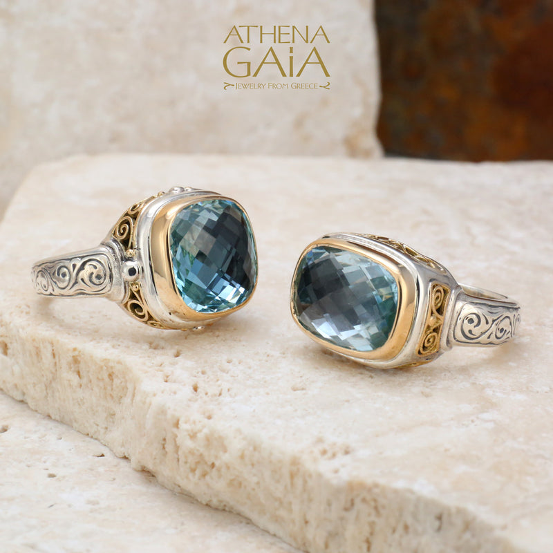 Topaz Filigree Side Rectangle Ring - 18k Gold & Sterling Silver Ring - Cocktail Ring
