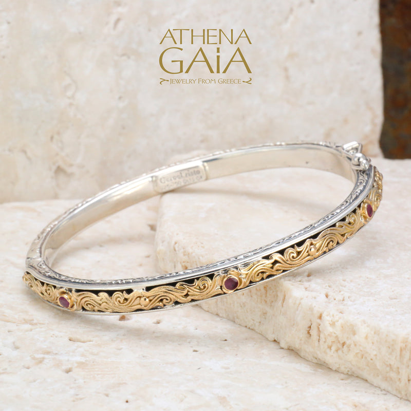 Floral Scroll Bracelet - 18k Gold and Sterling Silver - Hinged Bangle Bracelet