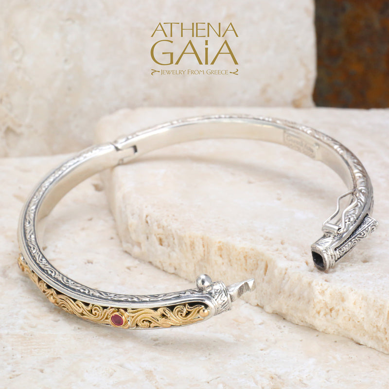 Floral Scroll Bracelet - 18k Gold and Sterling Silver - Hinged Bangle Bracelet