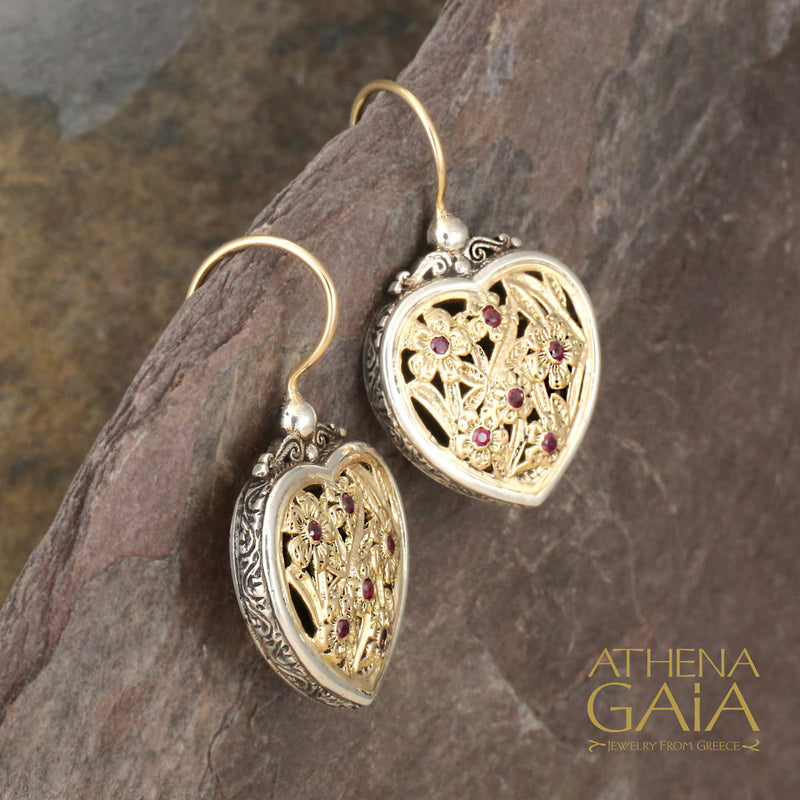 Meadow Shadows Heart Earrings - 18k Gold & Sterling Silver Earrings - French Wire Earrings
