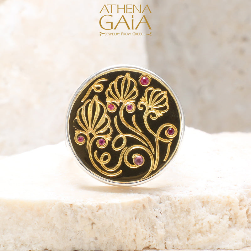 Anthemion Circle Ring - 18k Gold & Sterling Silver Ring - Cocktail Ring