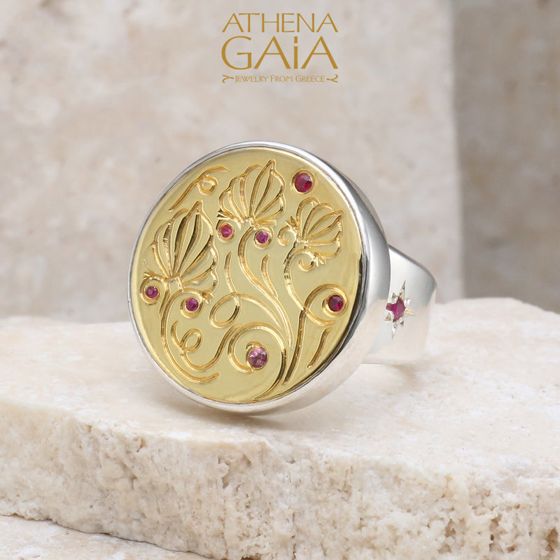 Anthemion Circle Ring - 18k Gold & Sterling Silver Ring - Cocktail Ring