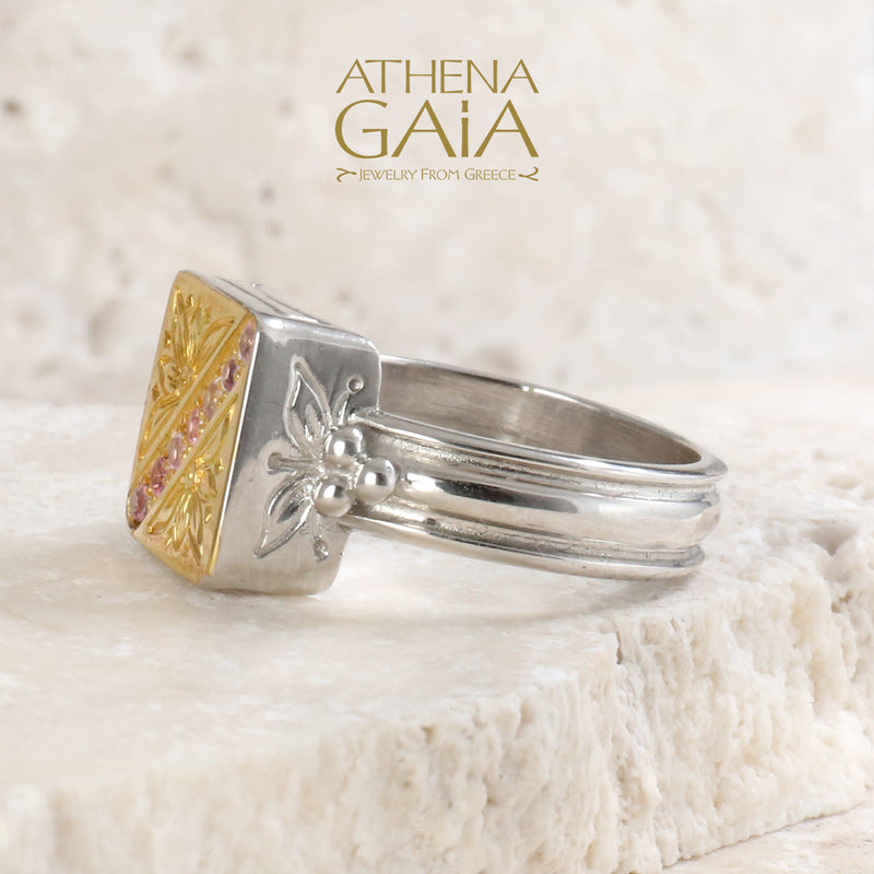Hand-Etched Anthemion Square Ring - 18k Gold & Sterling Silver Ring - Signet Ring