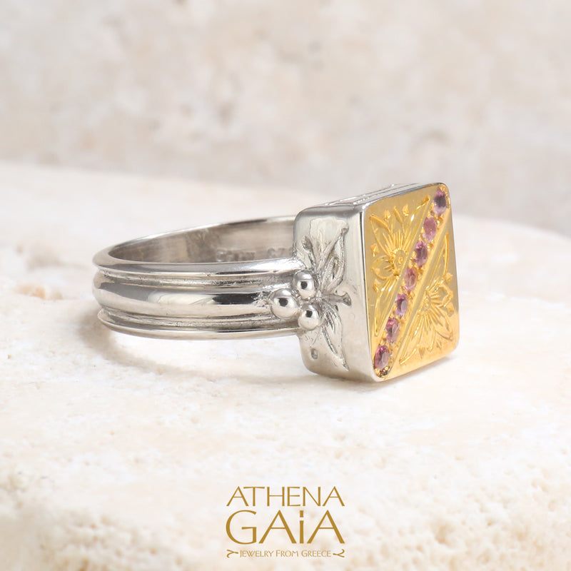 Hand-Etched Anthemion Square Ring - 18k Gold & Sterling Silver Ring - Signet Ring