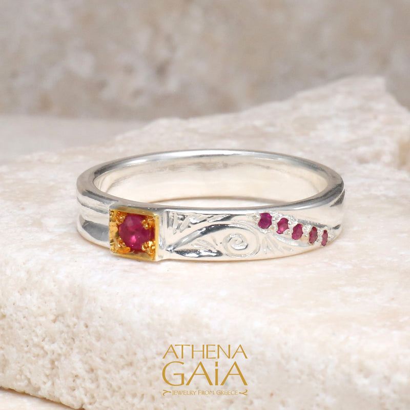 Anthemion Band Ring - 18k Gold & Sterling Silver Ring - Stackable Ring