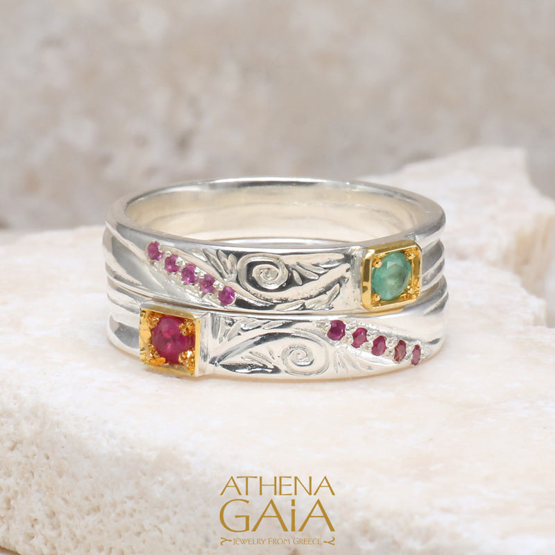 Anthemion Band Ring - 18k Gold & Sterling Silver Ring - Stackable Ring