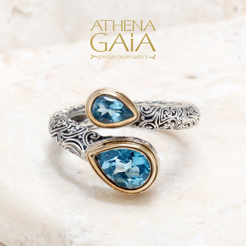 Meadow Breeze Double Teardrop Wrap Ring - 18k Gold & Sterling Silver Ring - Cocktail Ring