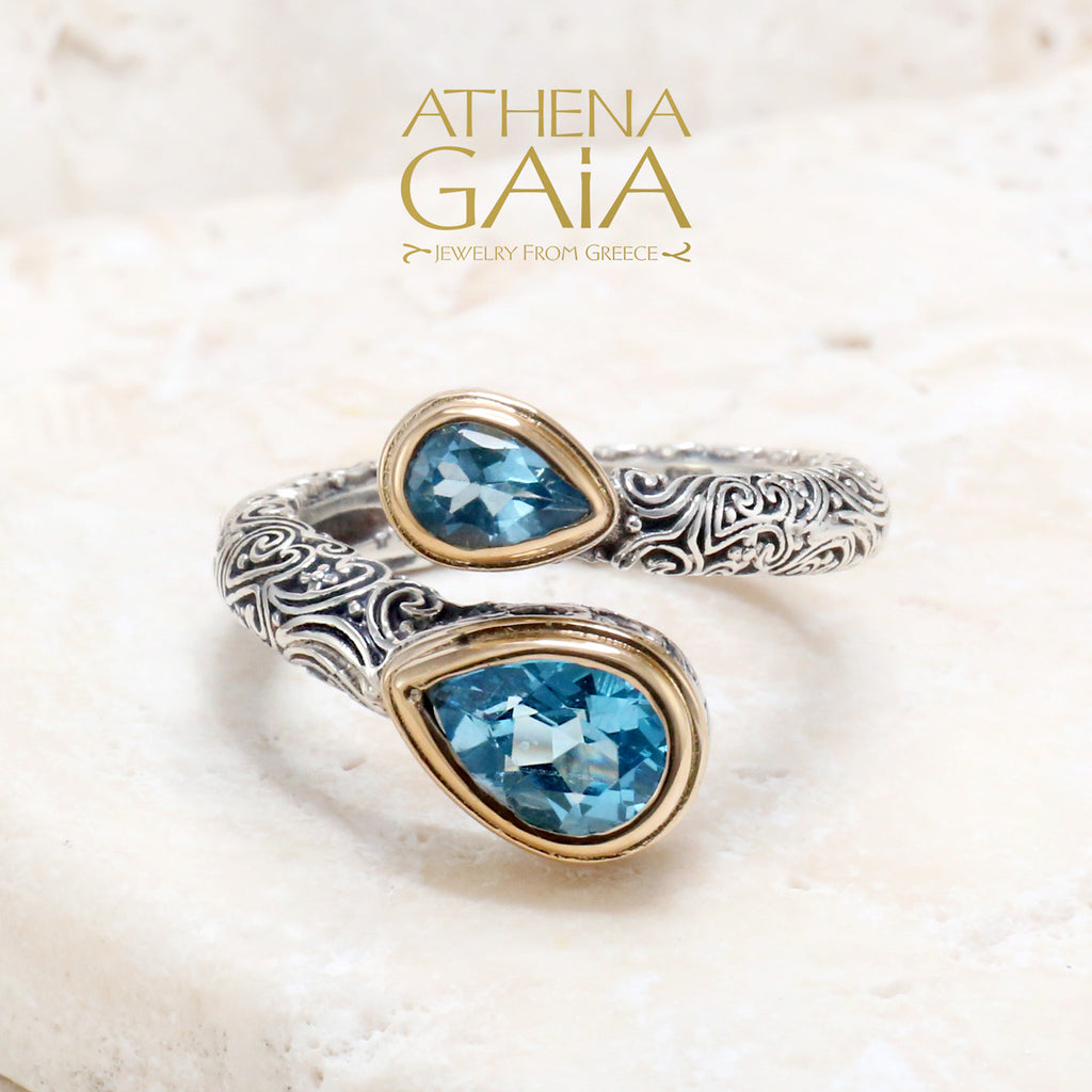 Meadow Breeze Double Teardrop Wrap Ring - 18k Gold & Sterling Silver Ring - Cocktail Ring