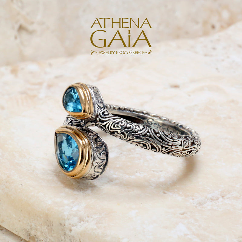 Meadow Breeze Double Teardrop Wrap Ring - 18k Gold & Sterling Silver Ring - Cocktail Ring