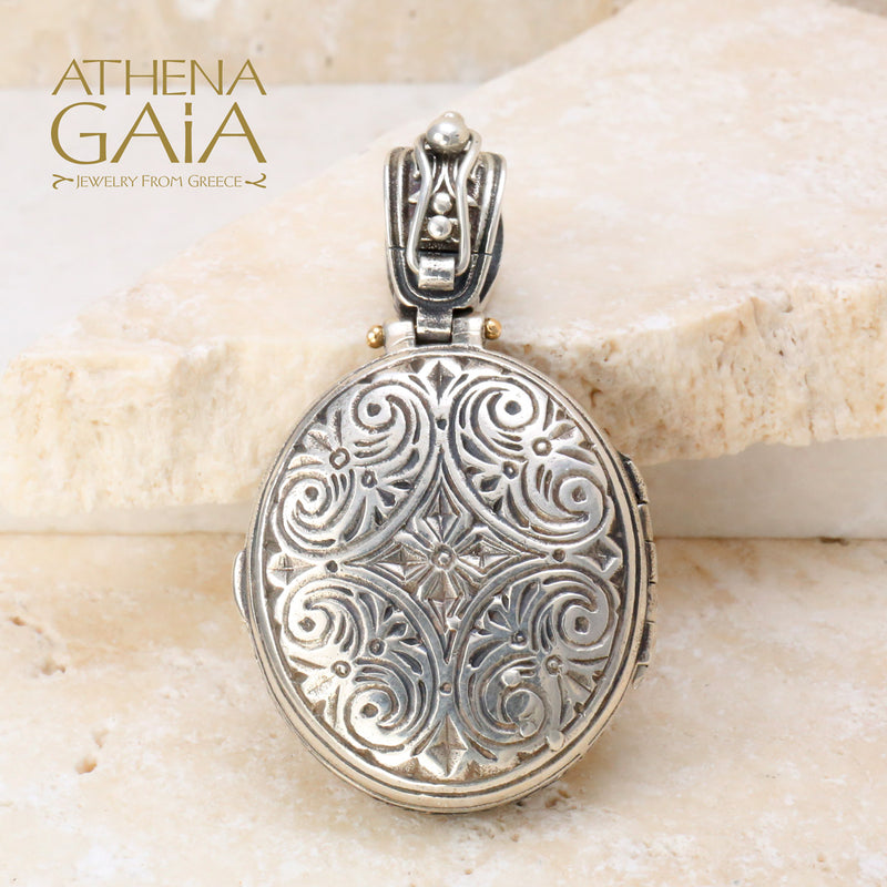 Chi Rho Cross Long Locket Pendant - 18k Gold & Sterling Silver Pendant