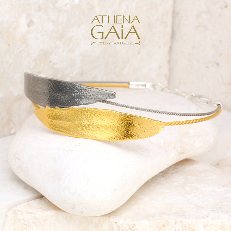 Long Leaf Strap Bracelet - Gold Plated Sterling Silver Bracelet