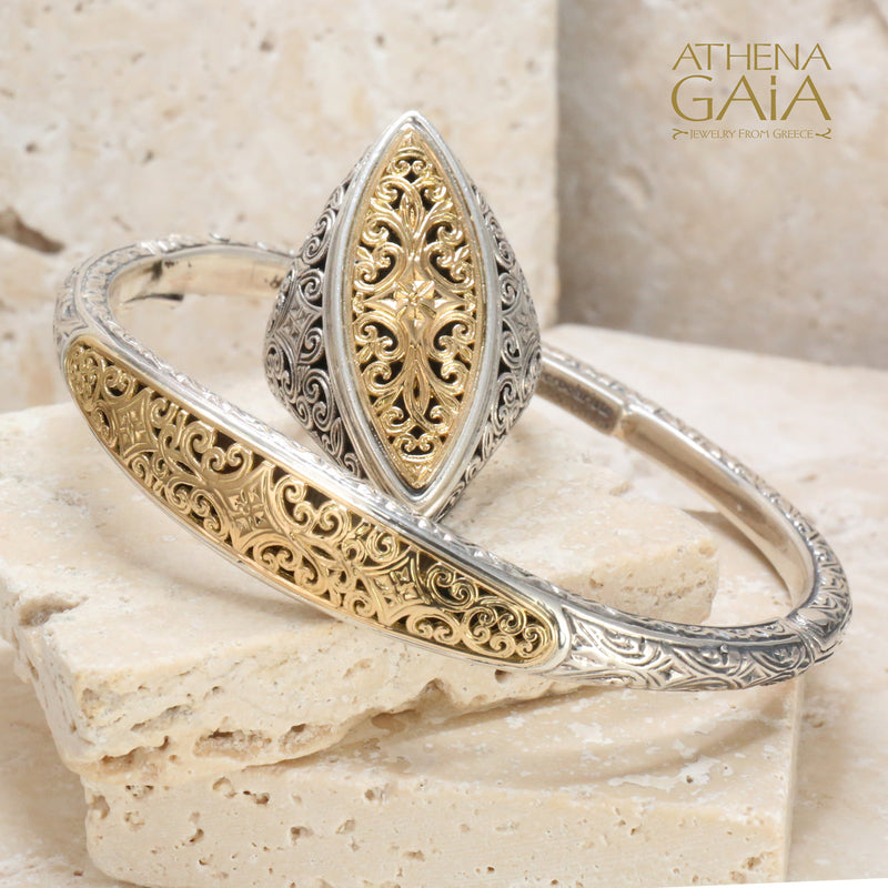 Mediterranean Bracelet - 18k Gold and Sterling Silver - Hinged Bangle Bracelet