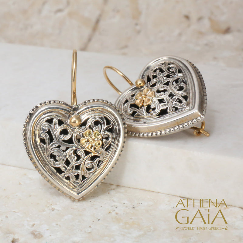 Garden Shadows Silver Heart Earrings - 18k Gold & Sterling Silver Earrings - French Wire Earrings