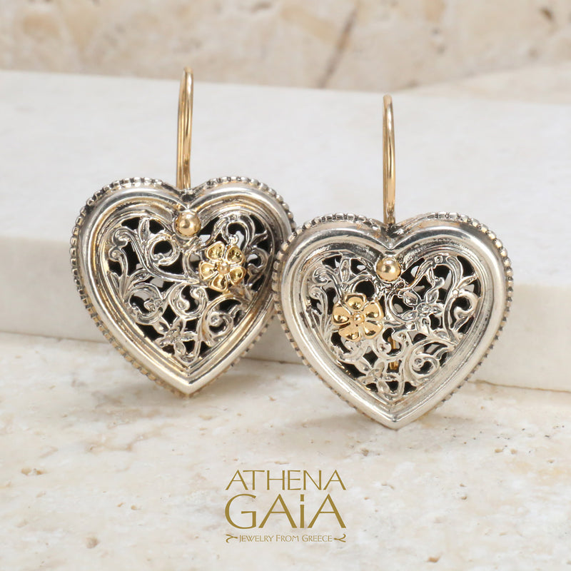 Garden Shadows Silver Heart Earrings - 18k Gold & Sterling Silver Earrings - French Wire Earrings