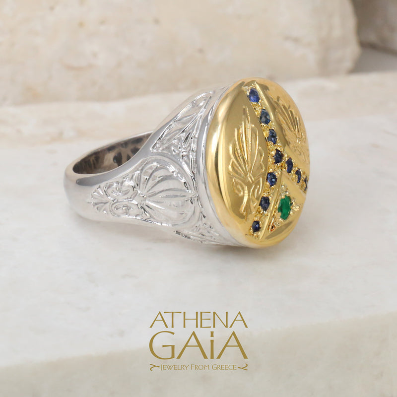 Anthemion Peace Ring - 18k Gold & Sterling Silver Ring - Signet Ring