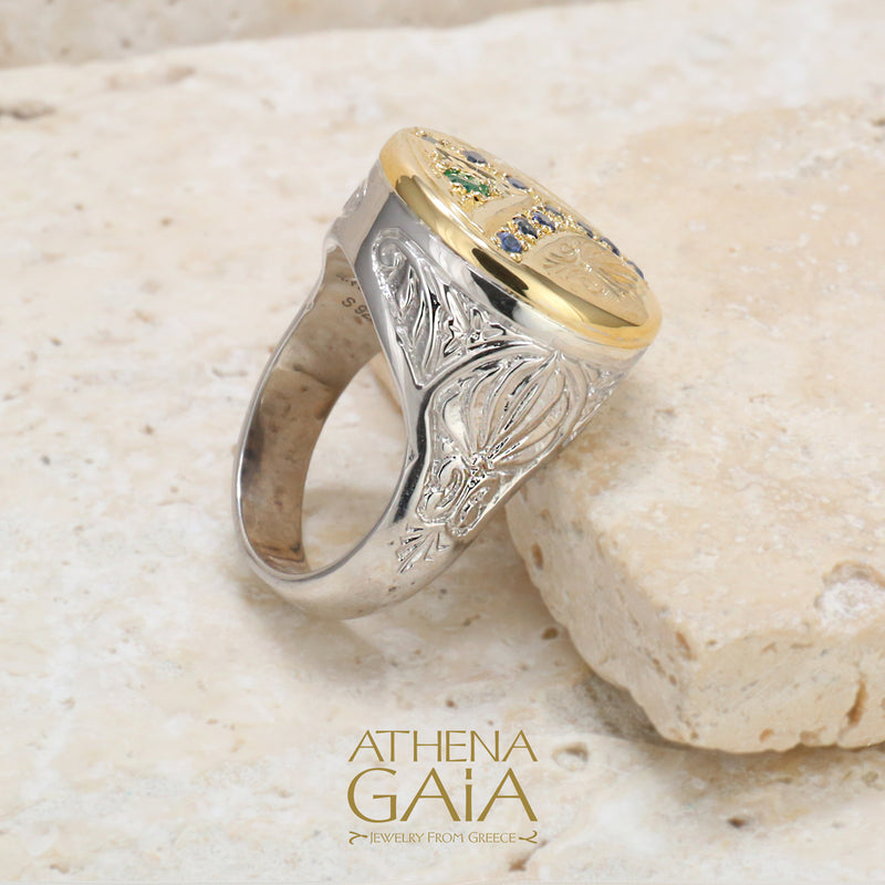 Anthemion Peace Ring - 18k Gold & Sterling Silver Ring - Signet Ring