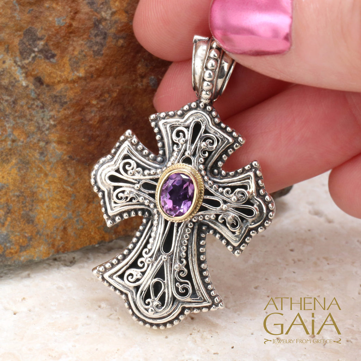 Open Filigree Flared Cross With Gemstone by Gerochristo — Athena Gaia
