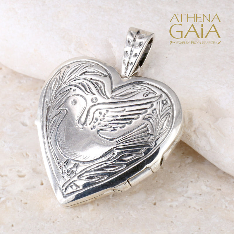 Heart Shaped Dove Locket Pendant - Sterling Silver Pendant