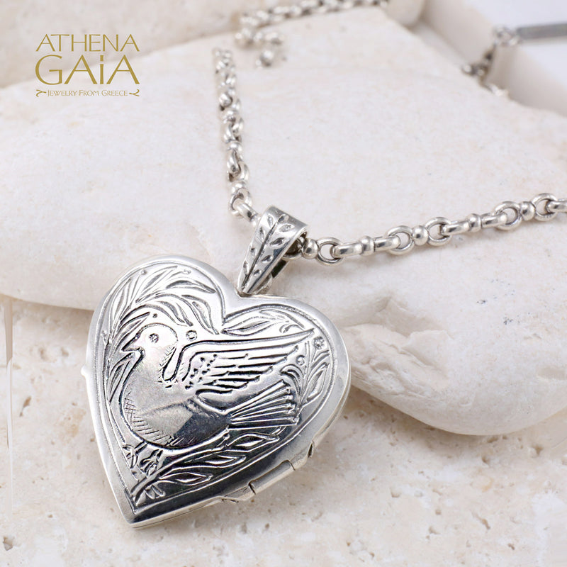 Heart Shaped Dove Locket Pendant - Sterling Silver Pendant