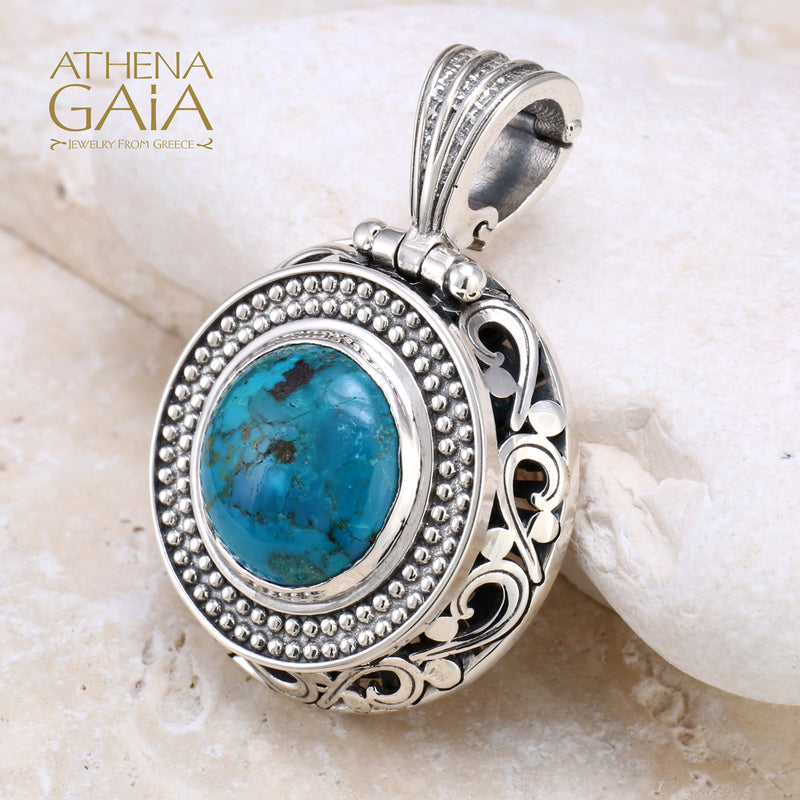 Dot and Scroll Turquoise Pendant - Sterling Silver Pendant