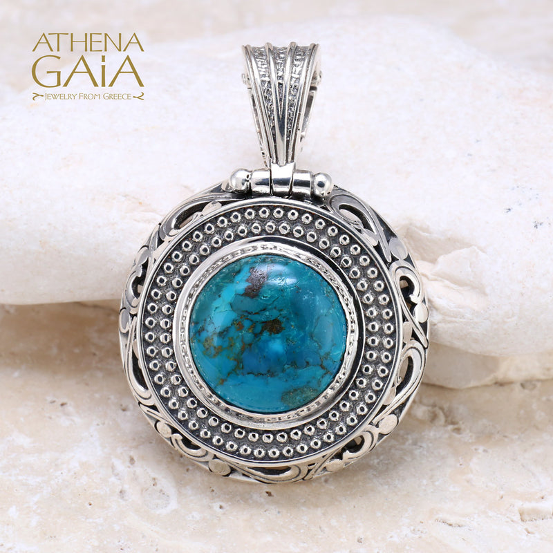 Dot and Scroll Turquoise Pendant - Sterling Silver Pendant