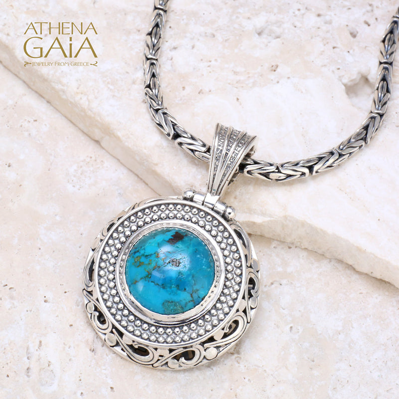 Dot and Scroll Turquoise Pendant - Sterling Silver Pendant