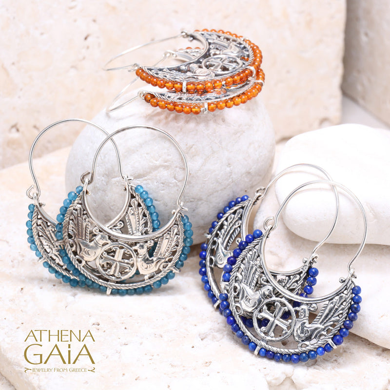 Byzantine Dove Beaded Earrings - Sterling Silver - Hoop Earrings