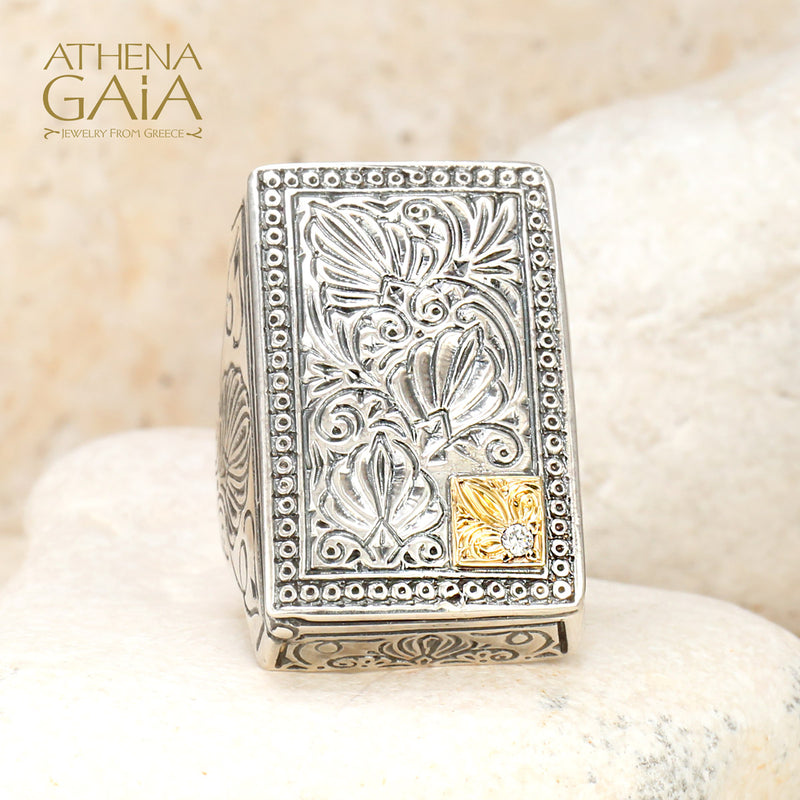 Poison Locket Ring with Diamond - 18k Gold & Sterling Silver Ring - Cocktail Ring