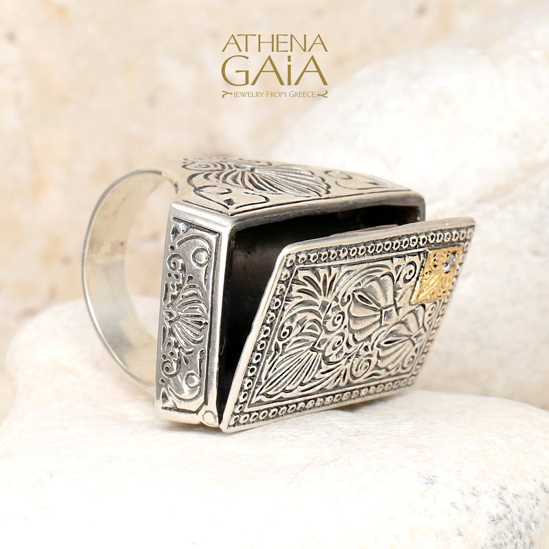 Poison Locket Ring with Diamond - 18k Gold & Sterling Silver Ring - Cocktail Ring