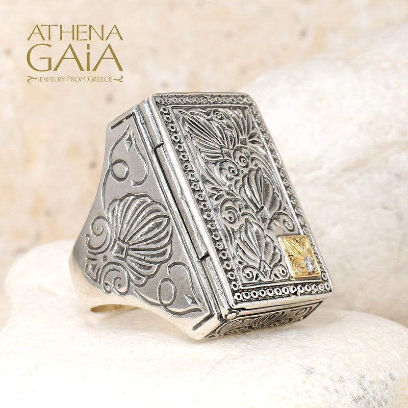 Poison Locket Ring with Diamond - 18k Gold & Sterling Silver Ring - Cocktail Ring