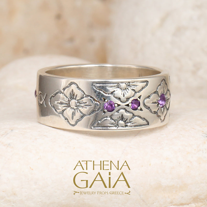 Flower Gemstone Ring - Sterling Silver Ring - Cigar Band Ring