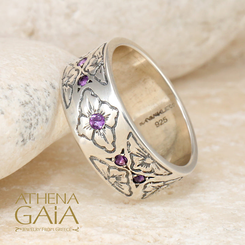 Flower Gemstone Ring - Sterling Silver Ring - Cigar Band Ring