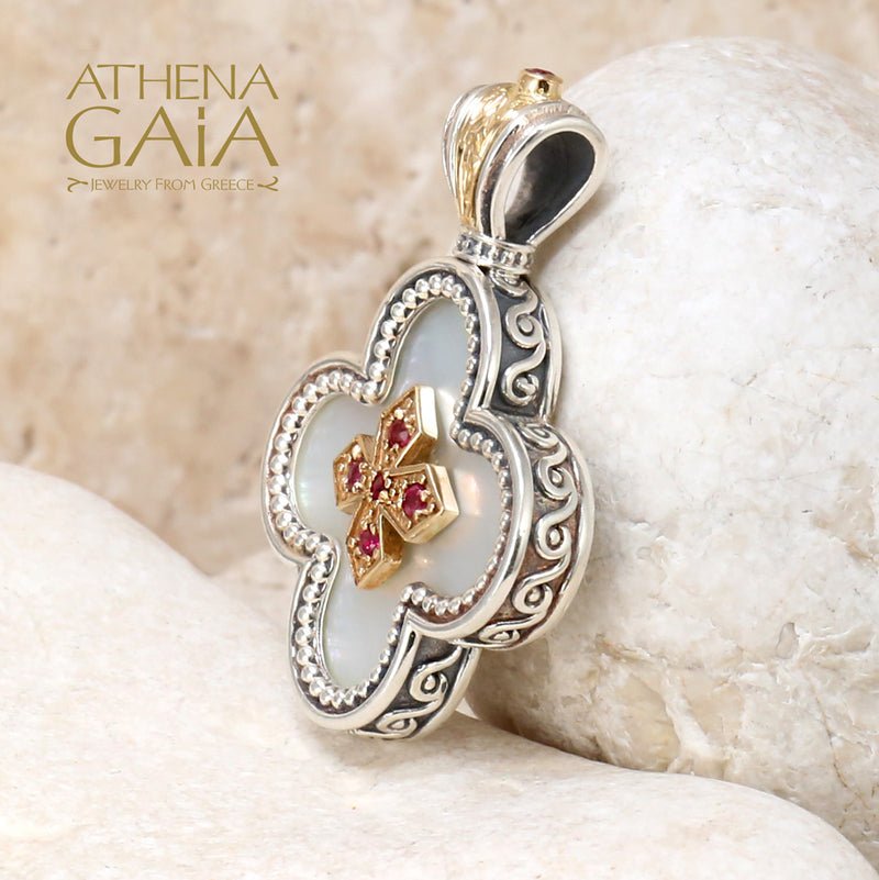 Mother of Pearl Rounded Greek Cross - 18k Gold & Sterling Silver - Orthodox Cross Necklace