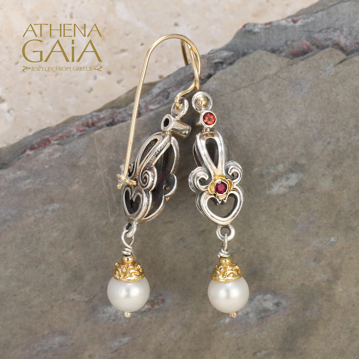 Byzantine Chandelier Earrings with Pearls and Rubies
