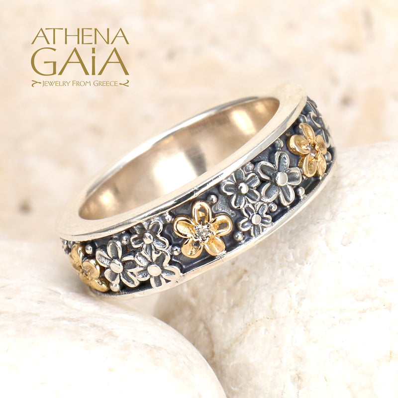 Wild Flowers Edged Stone Band Ring - 18k Gold & Sterling Silver Ring - Stackable Ring