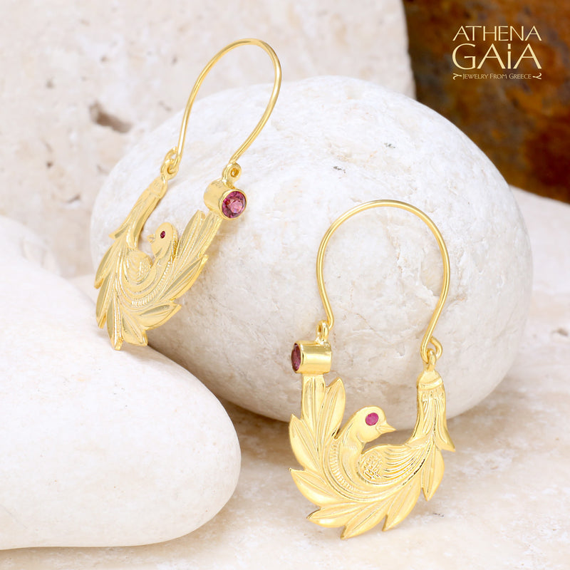 Bird Earrings with Gemstones - 18k Gold - Hoop Earrings