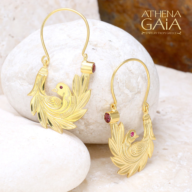 Bird Earrings with Gemstones - 18k Gold - Hoop Earrings